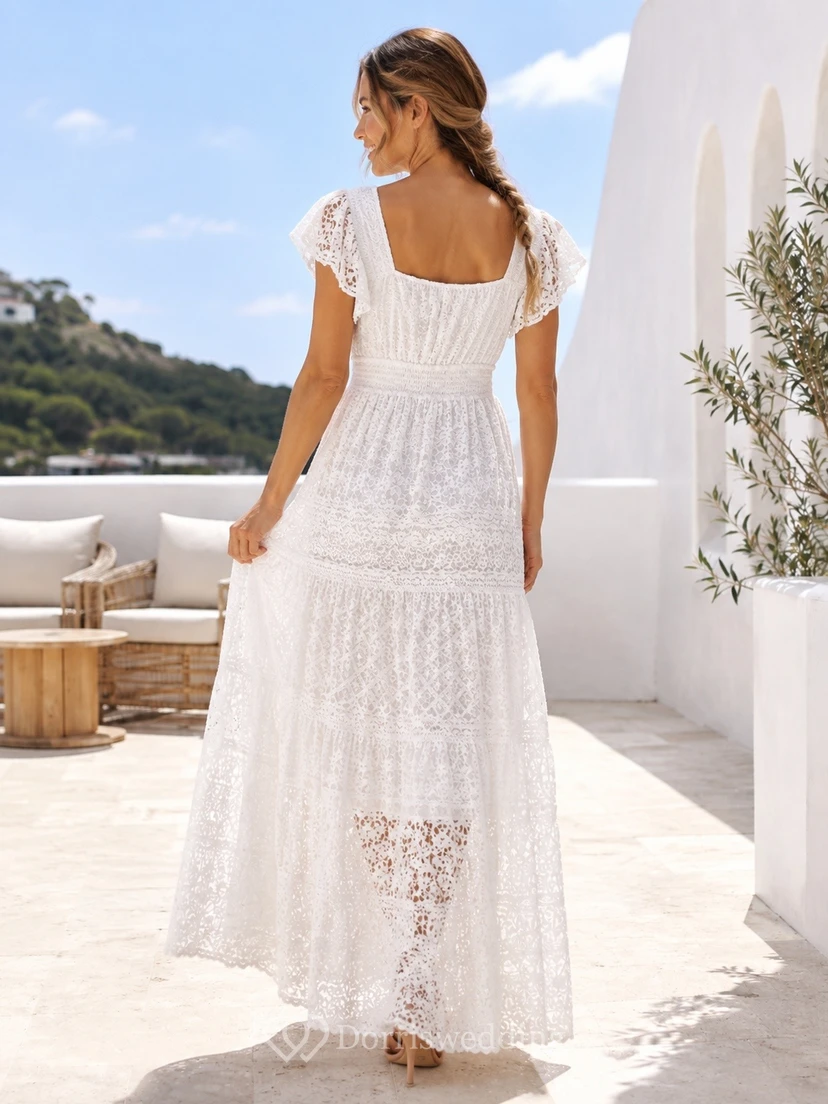 Boho Square Neck Short Sleeve Empire Tiered Lace Garden Dress view 2