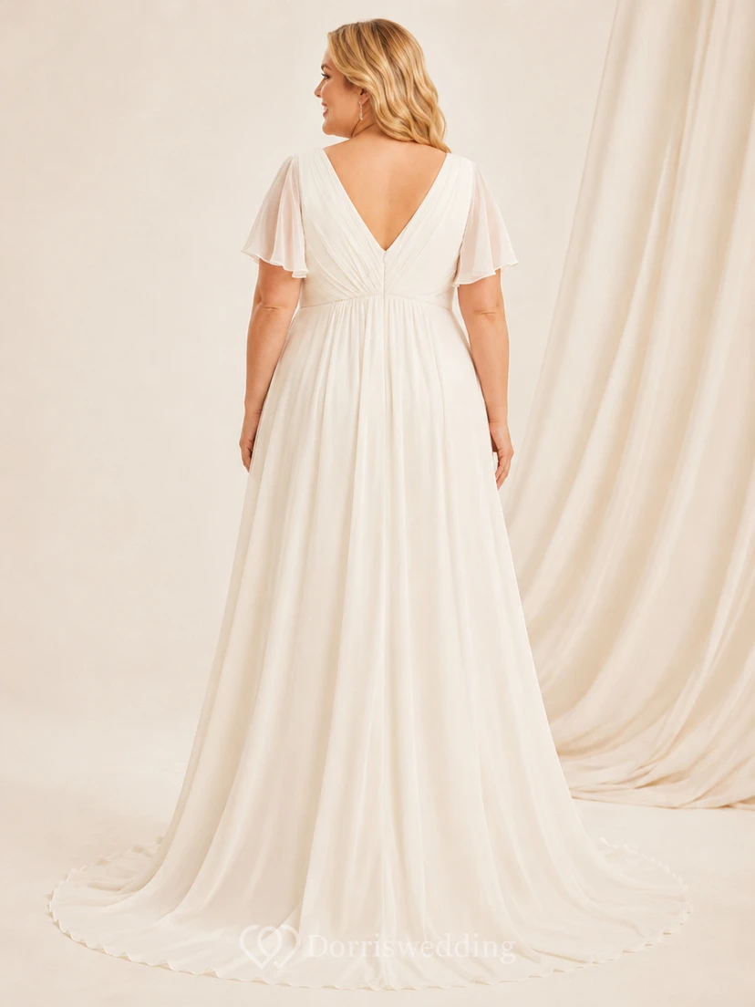 Vestido de novia de gasa de talla grande con cintura imperio y mangas con volantes view 2