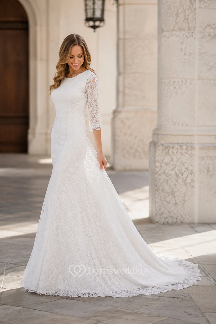 Ländlich-klassisches, schlichtes Brautkleid im Boho-Stil mit Spitze und langen Ärmeln view 4