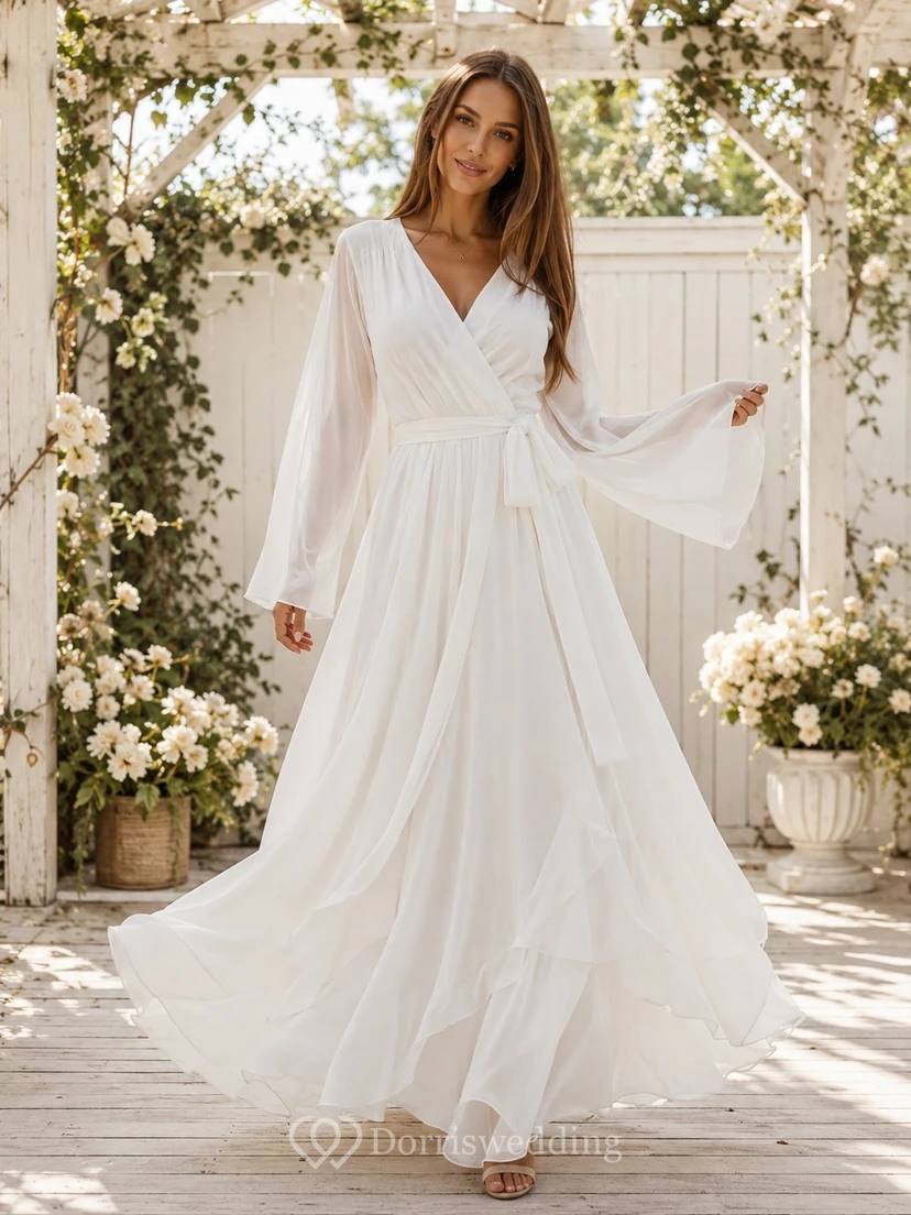 White V-Neck Poet Sleeve Chiffon Bohemian Formal Gown