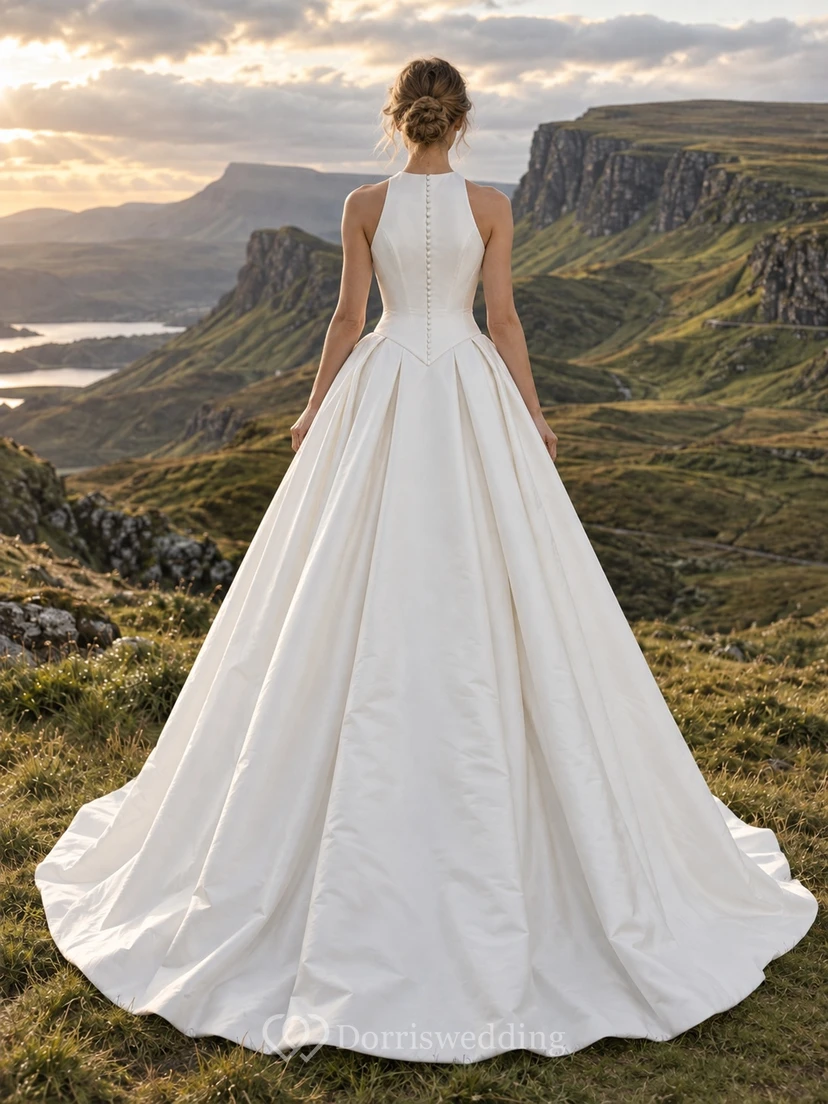 Vestido de novia sencillo de tafetán con cuello alto, corte en A, cintura puntiaguda y falda plisada. view 2