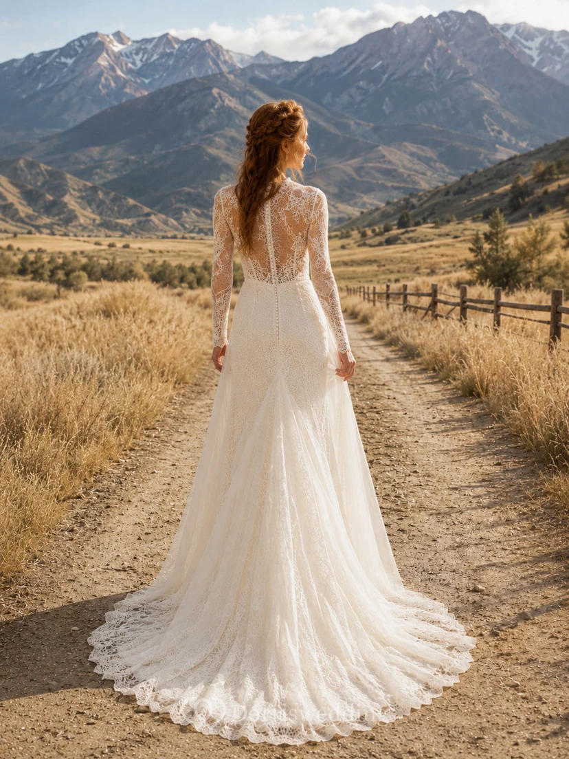 Robe de mariée champêtre en dentelle, coupe trapèze, col en V, manches longues, traîne chapelle view 2