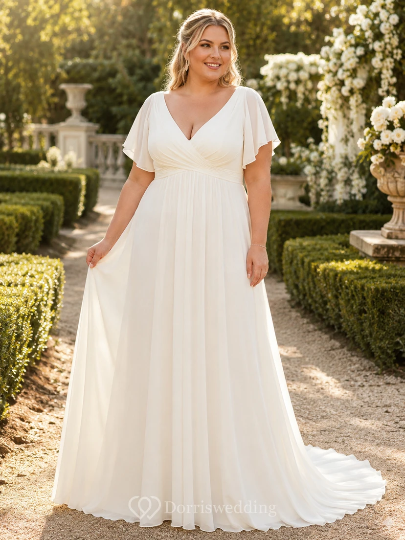 Robe de mariée minimaliste en mousseline, coupe trapèze, col en V, manches courtes, traîne.