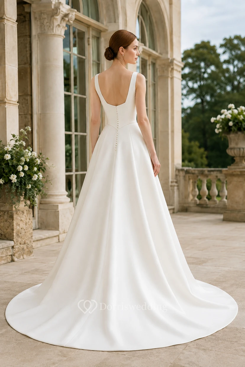 Vestido de novia de satén con escote cuadrado, corte en A, tirantes y cola larga. view 2