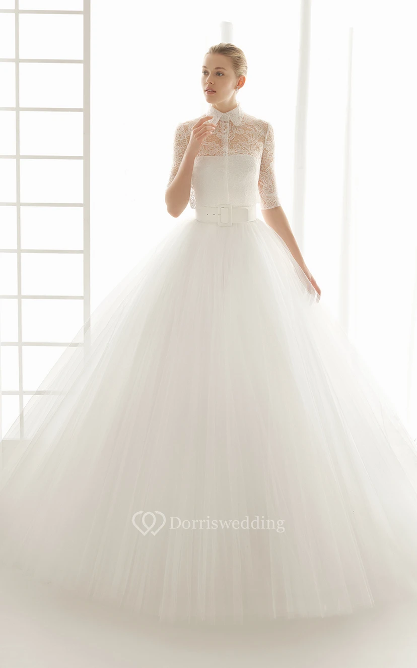 Raffled Lace Half Illusion Sleeve Gown With Mandarin Collar view 2