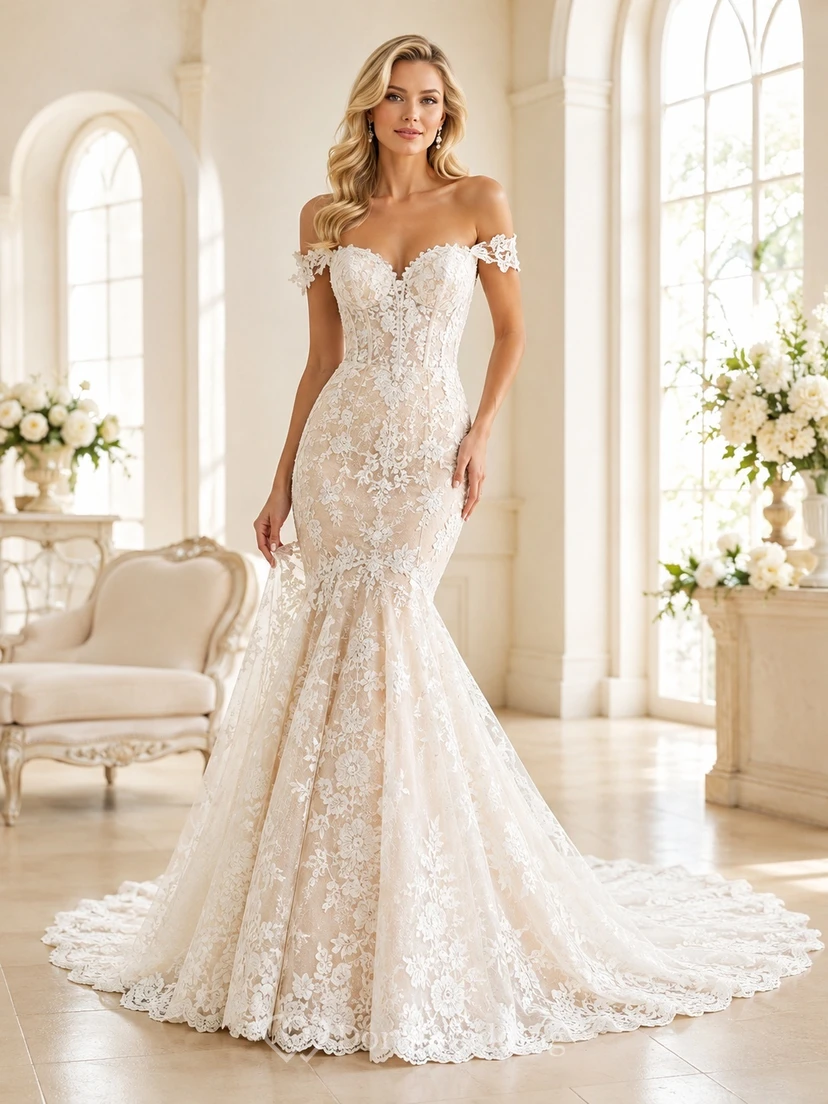 Champagnerfarbenes Brautkleid im Meerjungfrauenstil mit floraler Spitze, schulterfrei, kurzen Ärmeln und Kapellenschleppe