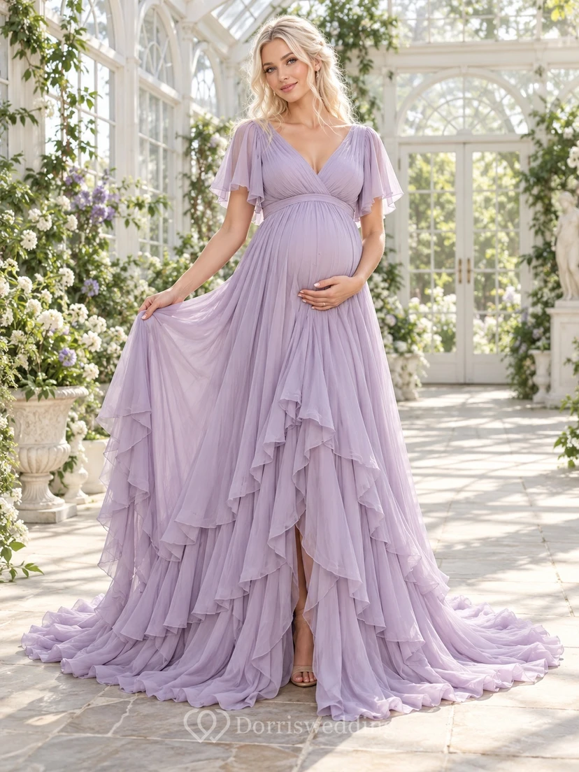 Maternity Lavender Wrap Neck Flutter Sleeve Layered Ruffled Train Gown