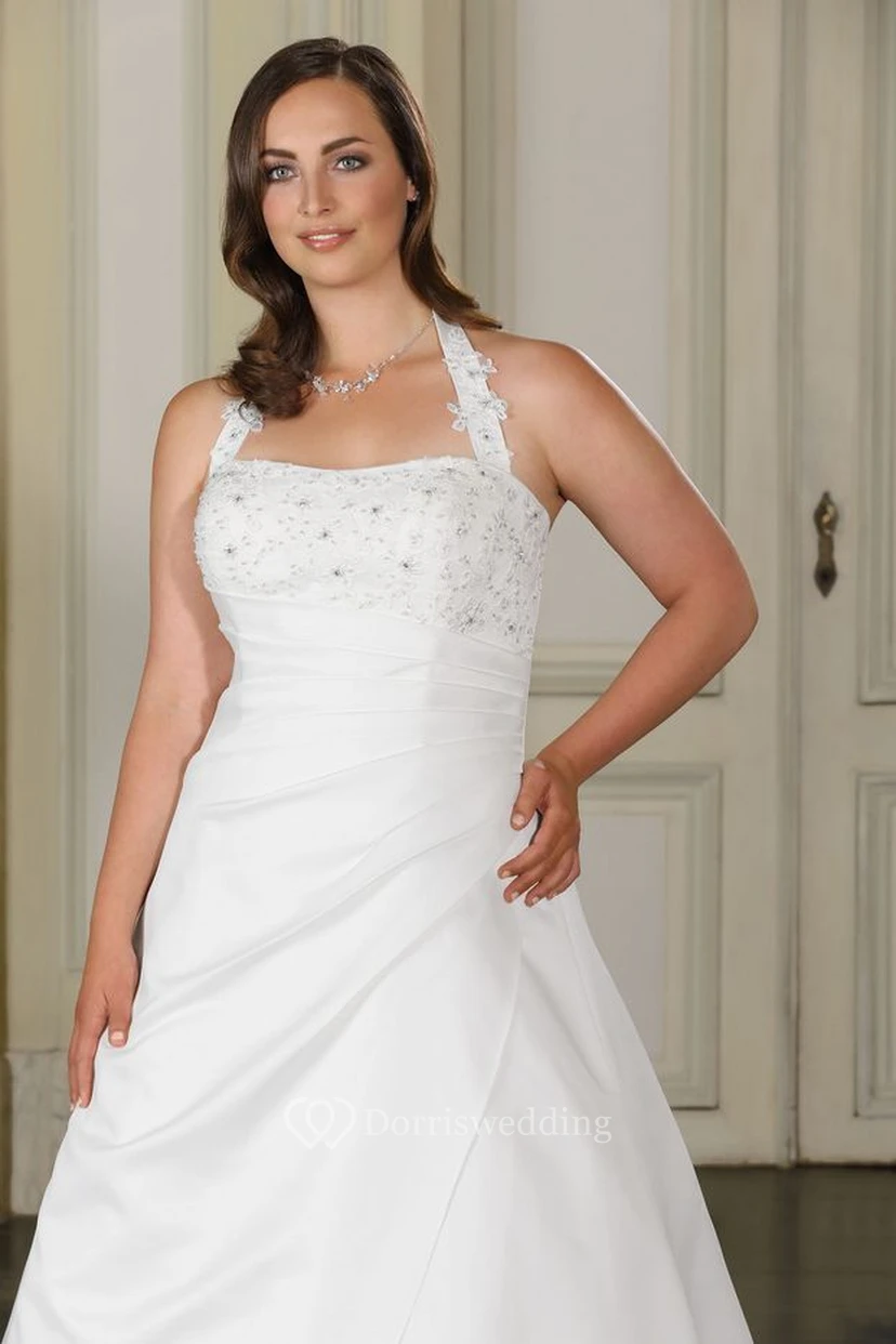 A-Line Floor-Length Halter Sleeveless Satin Sweep Train Side Draping Dress view 2