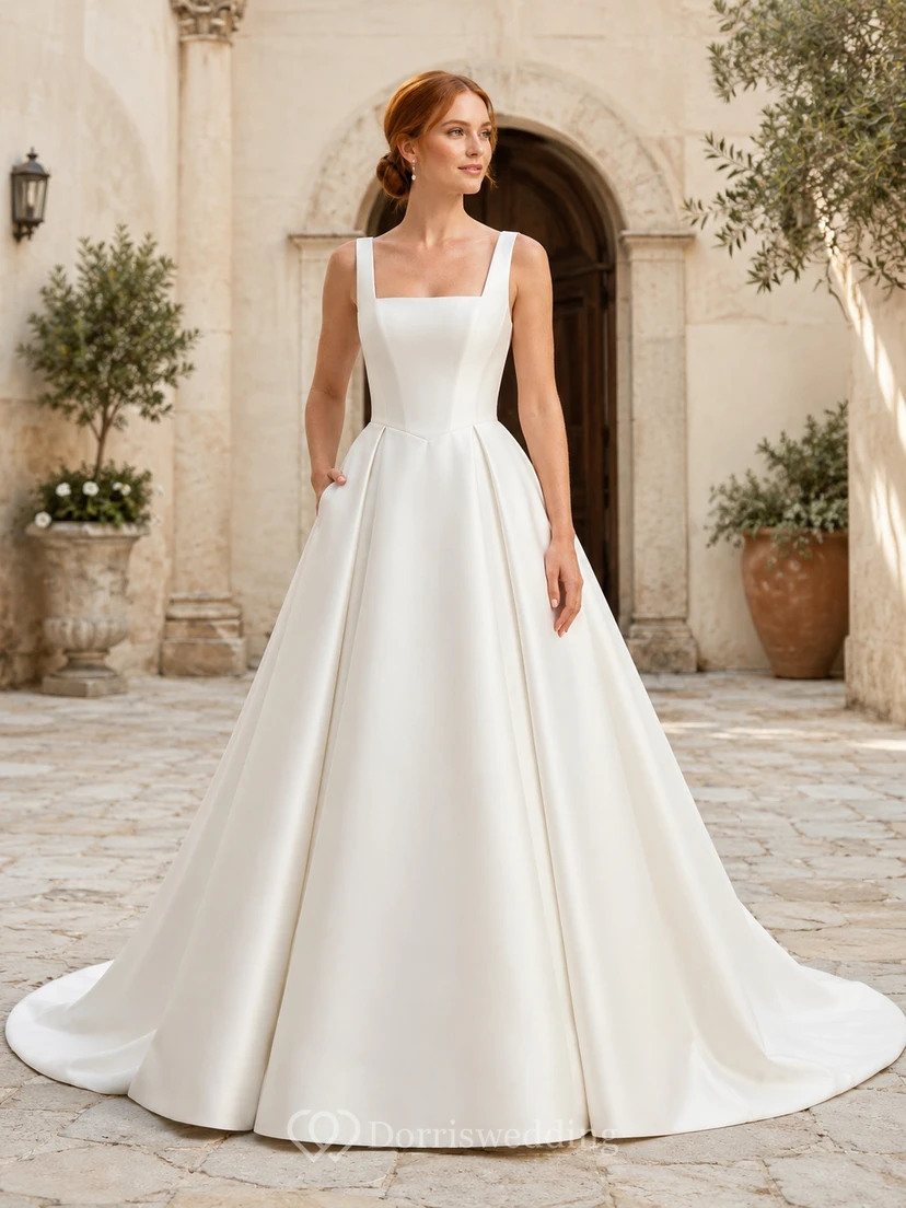 Vestido de novia de satén, estilo princesa, con escote barco, manga corta y cola de capilla.