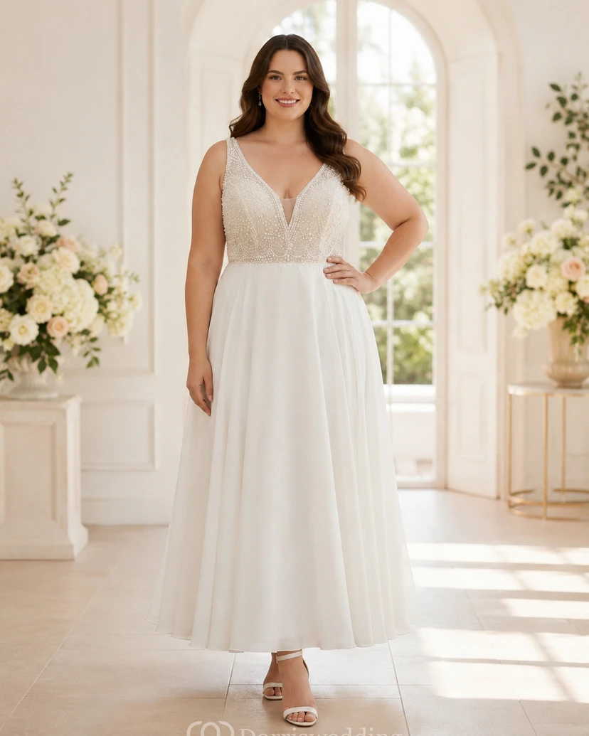Robe de mariée mi-longue à corsage perlé, col en V, en mousseline, coupe trapèze, idéale pour la plage view 7