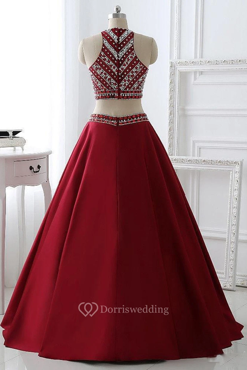 A-Line Two Piece Satin High Neck Sleeveless Zipper Dress view 2