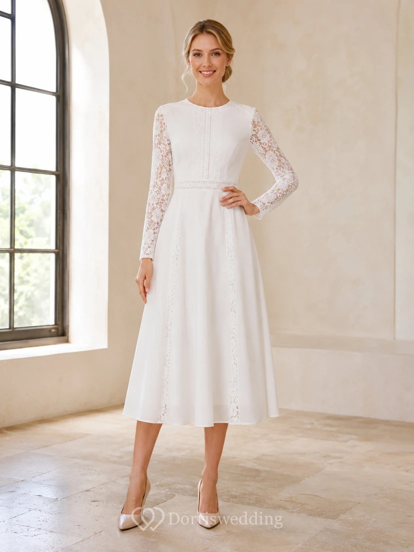 Robe de mariée civile plissée à manches longues en dentelle illusion bateau