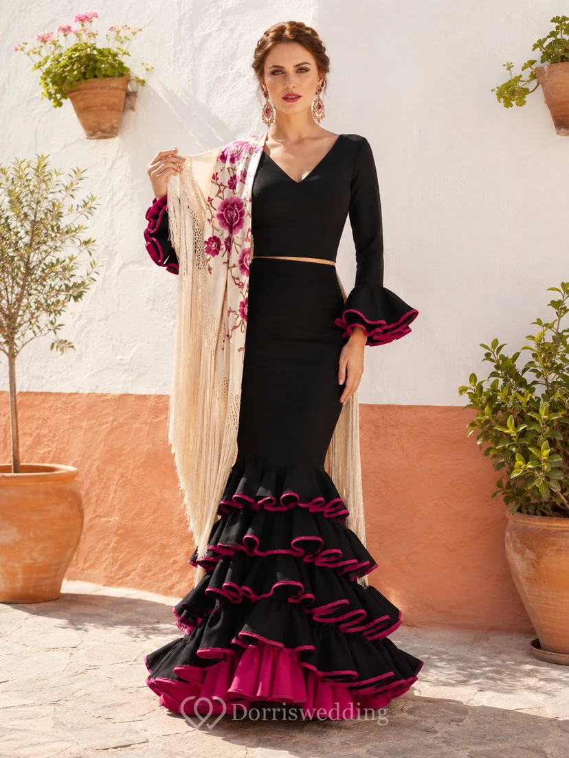 Haut court noir à col en V et manches longues évasées, ensemble flamenco deux pièces fuchsia à volants sirène