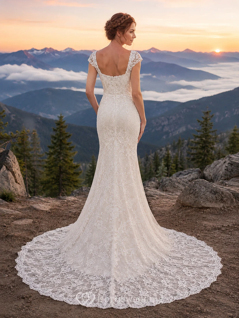 Cap Sleeve Mountain Lace Mermaid Chapel Train Wedding Dress view 2