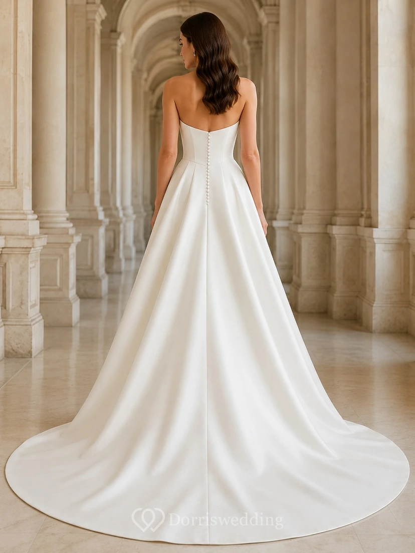 Vestido de novia clásico de satén con cola larga para ceremonia. view 2