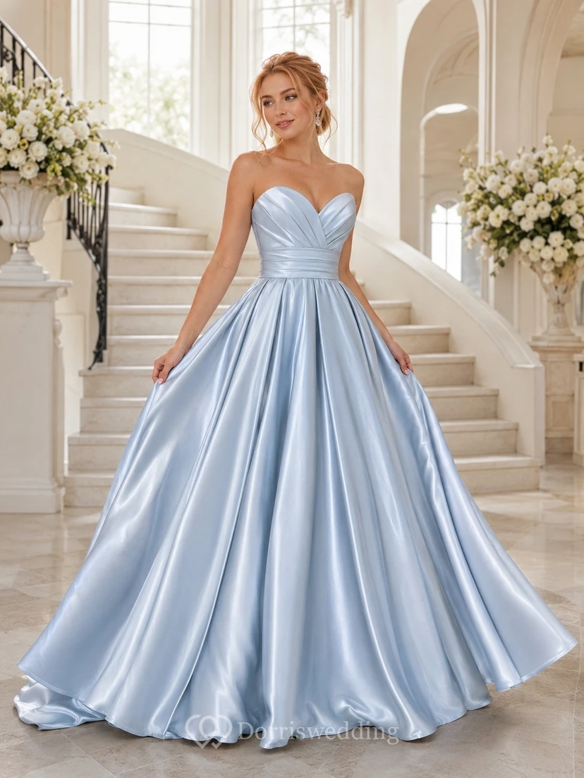 Sky Blue Romantic Luxury Strapless Sleeveless Satin Pleated Ball-Gown Floor-Length Evening Dress