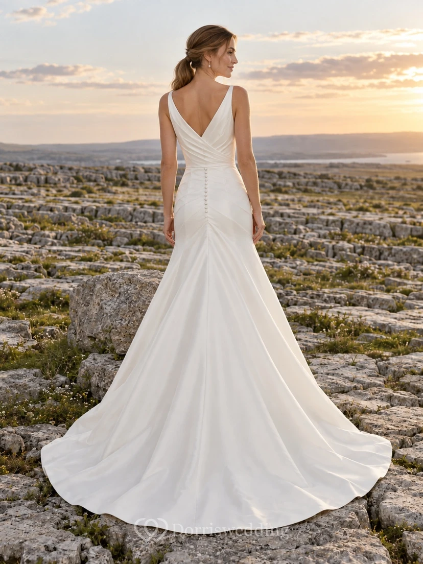 Vestido de novia sencillo de tafetán con escote en V, sin mangas, corte en A, fruncido y cola larga. view 2