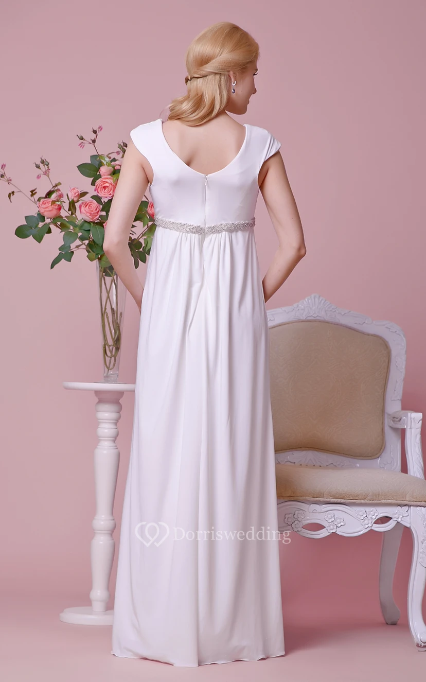 Empire V-neck Short-sleeved A-line Jersey Gown With Shiny Waist view 3