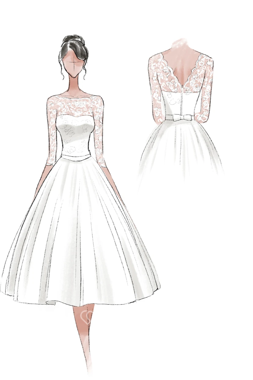Robe de renouvellement de vœux en tulle et dentelle à manches mi-longues et décolleté en V, longueur genou, manches courtes et découpe en forme de goutte, pour une cérémonie de renouvellement de vœux. view 4