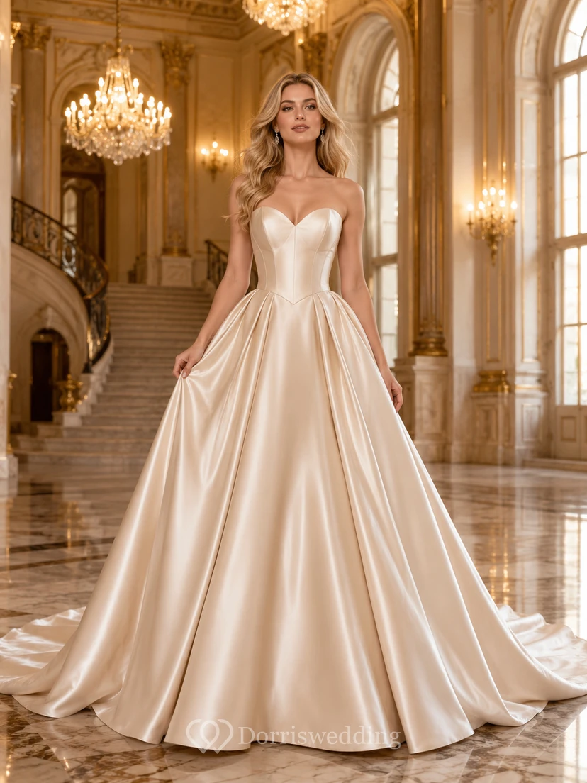 Champagne Strapless Sweetheart Satin Ball Gown Bridal Dress
