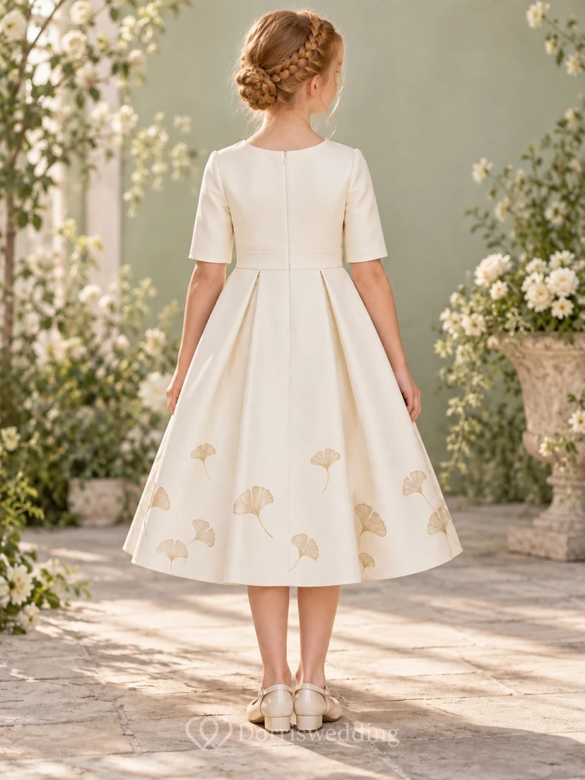Modest Simple Cream Tea-length Jewel Elbow-Sleeve Sparse Ginkgo-Motif Pleated Waistband A-line Flowergirl Dress view 2