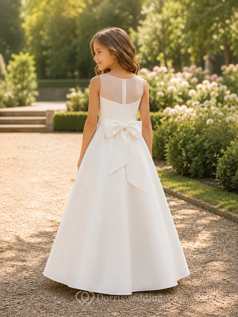 Vestido de niña de las flores, blanco, satén, corte en A, sin mangas, escote corazón, largo hasta el suelo, detalle de lazo. view 2