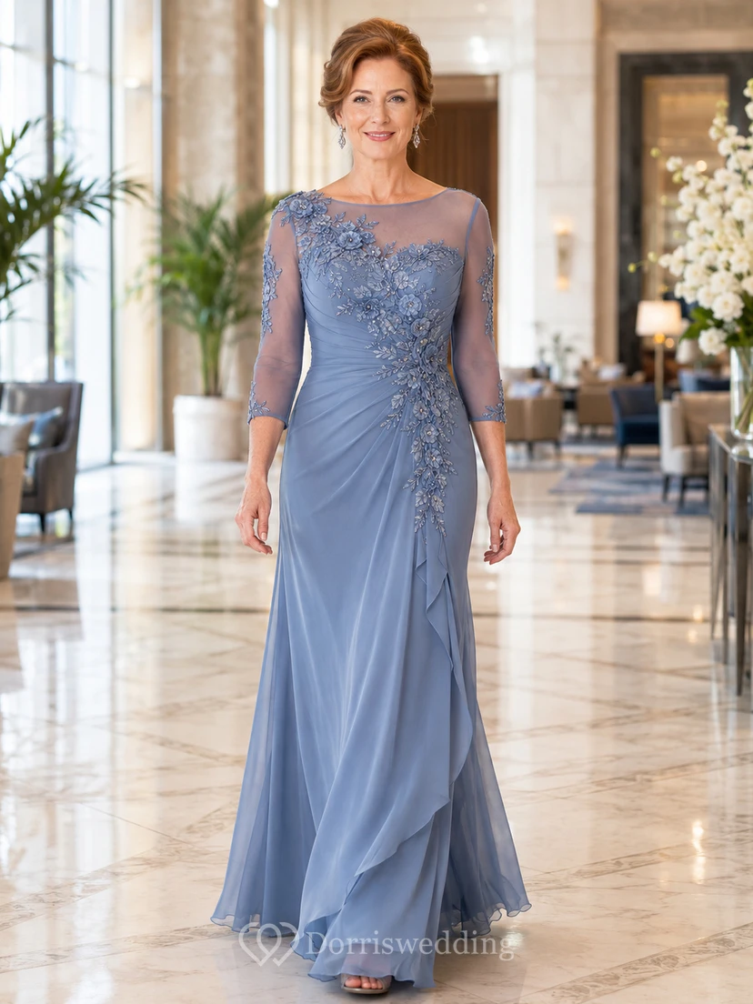 Slate Blue Floor-Length Sheath Modern Mother of the Bride Chiffon Gown with One-Shoulder Illusion Neck Three-Quarter Sleeve and Side Applique