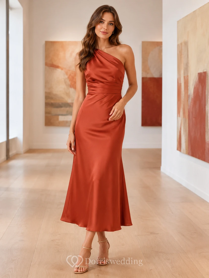 Art Gallery Papaya One-Shoulder Satin Sheath Tea-Length Draped Guest Dress