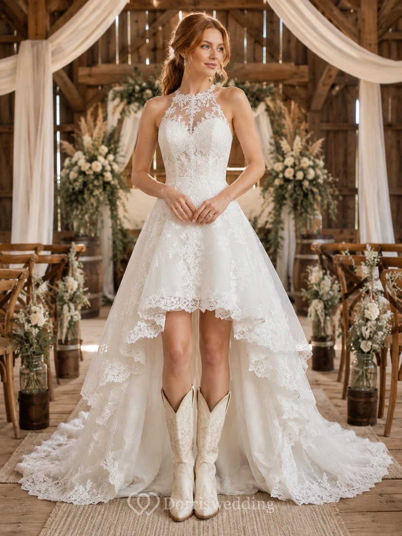 Robe de mariée style western à col montant en dentelle asymétrique