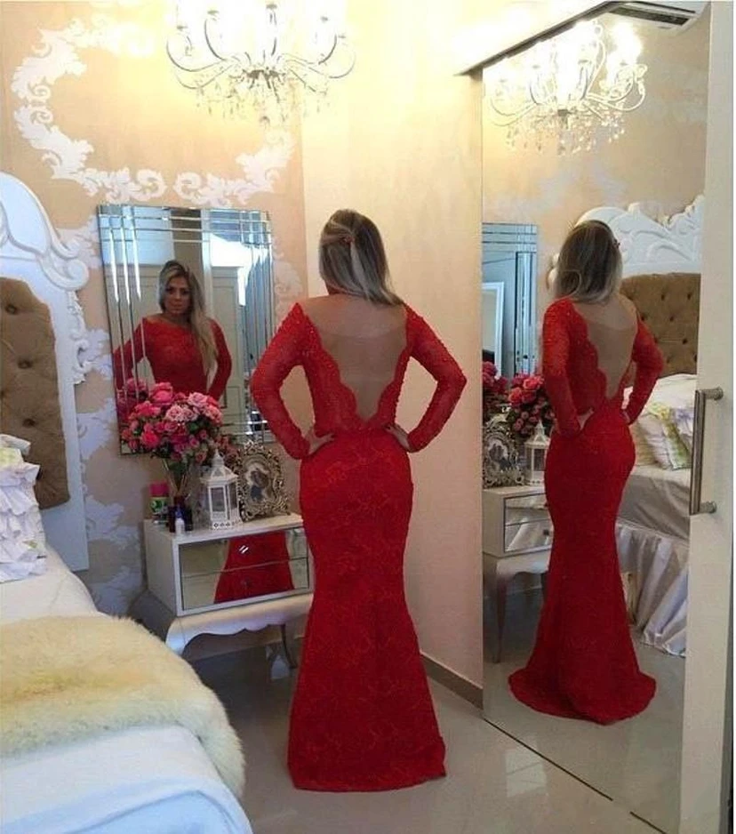 Glamorous Jewel Mermaid Red Pom Dress Long Sleeve With Beadings view 3