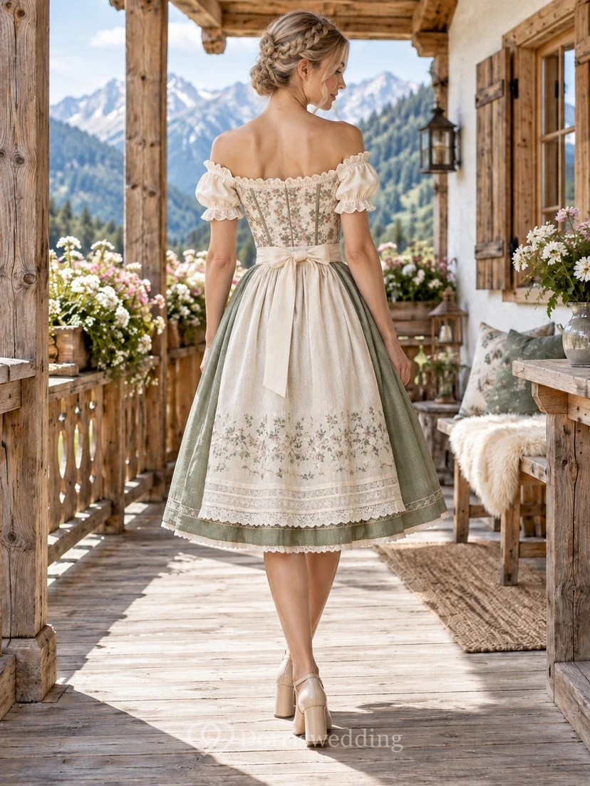 Robe Dirndl vintage champêtre couleur sauge, épaules dénudées, corsage fleuri à dentelle et tablier view 2
