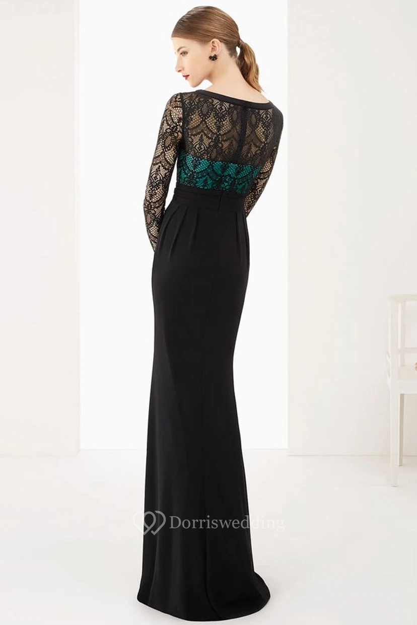 Scoop Neck Long Sleeve Sheath Chiffon Long Prom Dress With Lace Top view 2