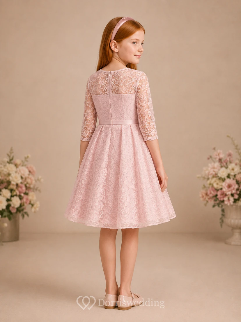 Blush Modest Lace Three-Quarter Sleeve A-Line Flower Girl Garden Knee Length Vintage Dress view 2