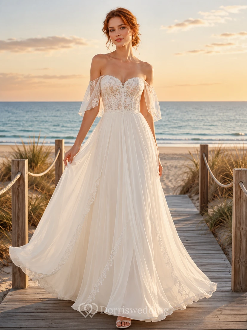Boho Off Shoulder Flutter Lace Chiffon A Line Sweep Beach Wedding Gown