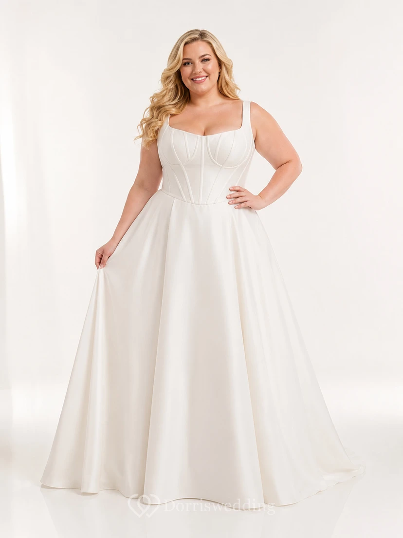 Plus Size Square Neck Corset Satin Studio Bridal Gown