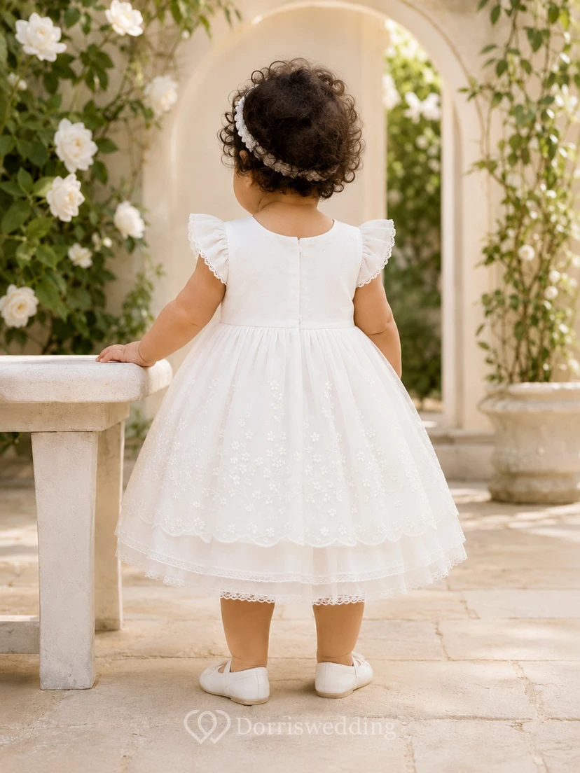 Hand Embroidered Baby Christening A-Line Square Neck Flutter Sleeve Dress Romantic Adorable Tulle view 2