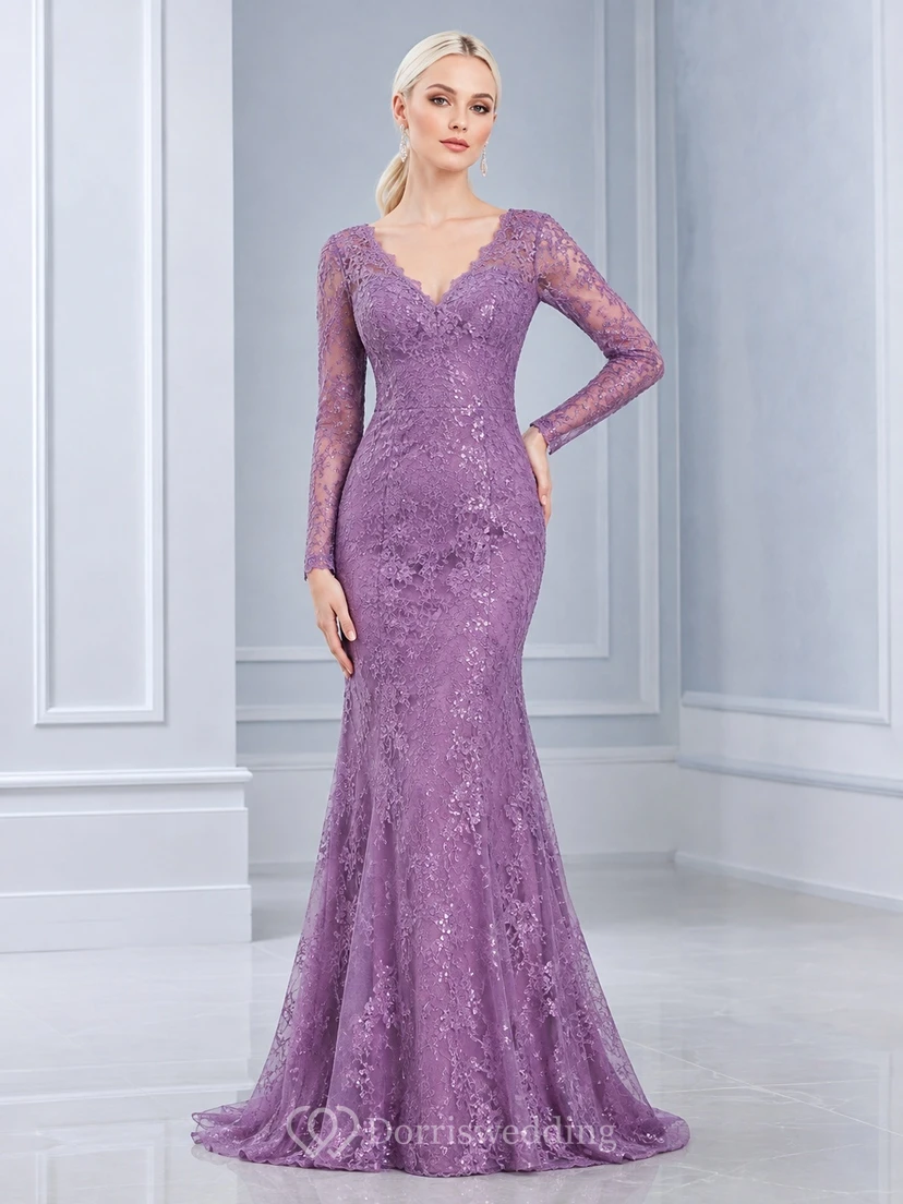 Mauve Long Sleeve V-Neck Lace Mermaid Sweep Train Modest Formal Prom Gown