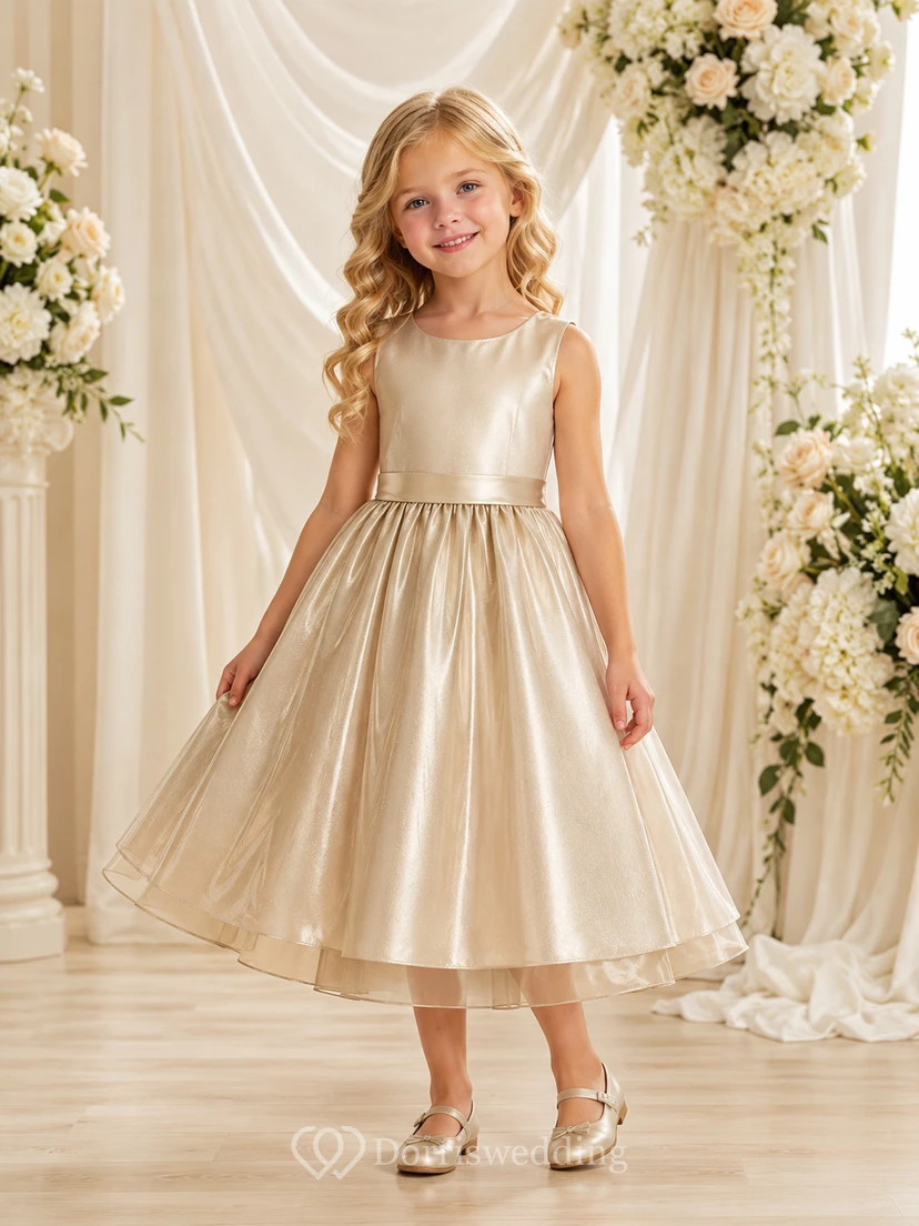 Champagne Simple A-Line Satin Flower Girl Dress Sleeveless Square Neck Tea-Length Metallic Finish