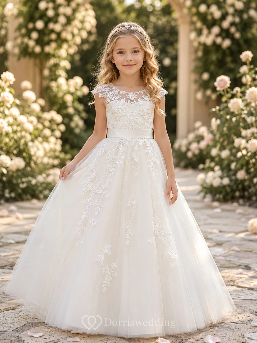 Blumenmädchenkleid mit Spitzenärmeln und Tüllrock