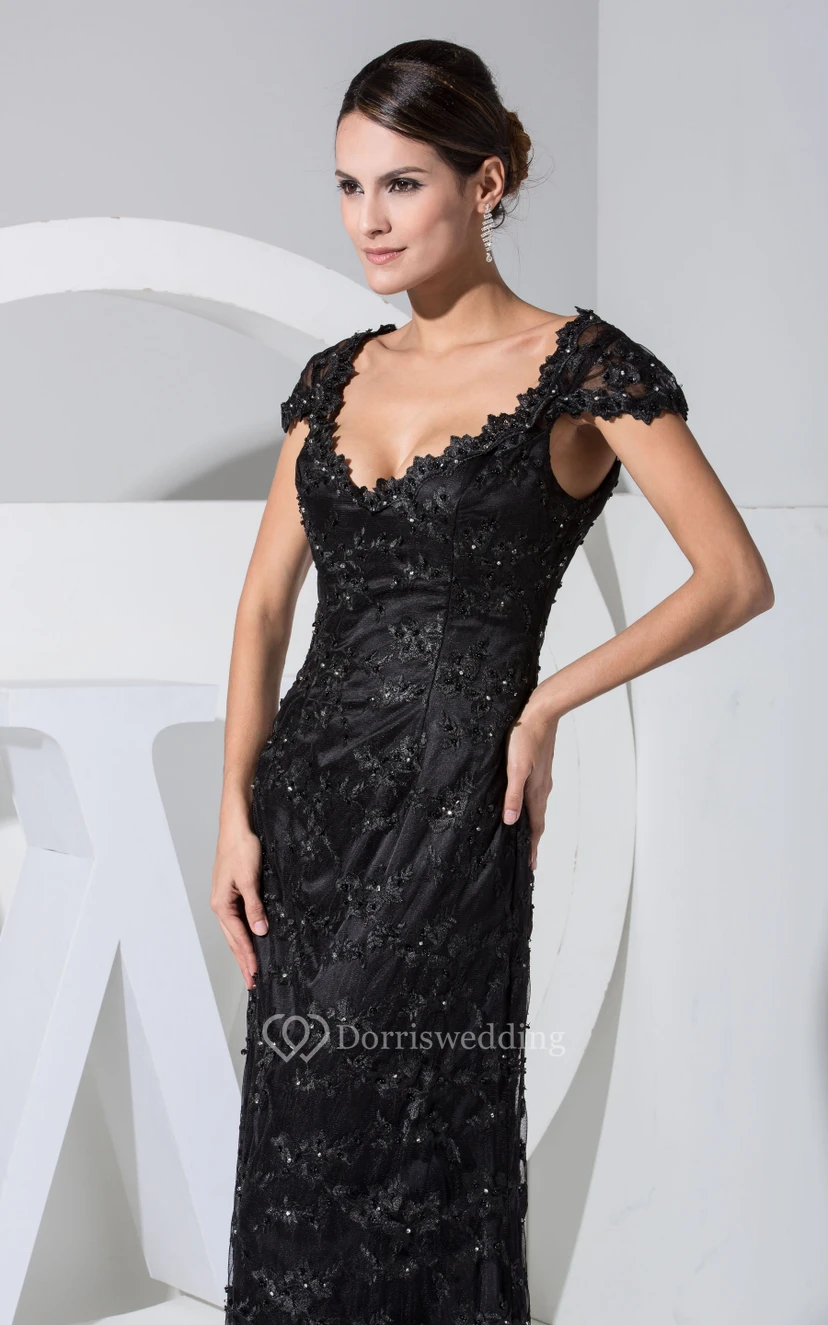 Plunged Queen Anne Sheath Dress With Lace Appliques view 5