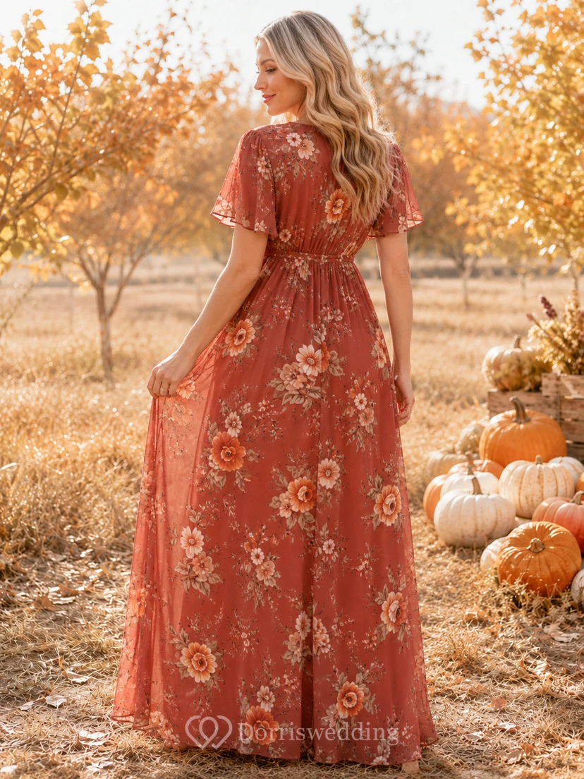Robe de maternité automne en mousseline de soie à manches papillon et col V, coupe trapèze, ornée de fleurs rouille view 2