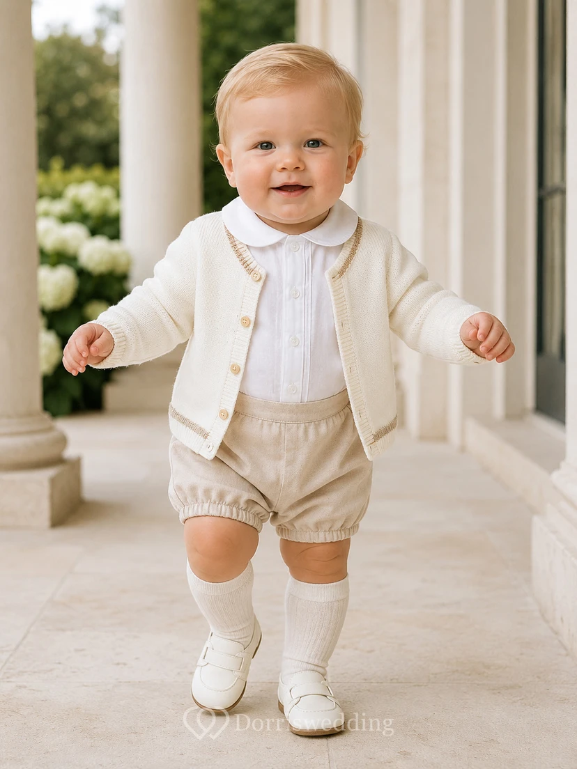 Elfenbeinfarbener, langärmeliger Feinstrick-Cardigan, Taufanzug für Babys