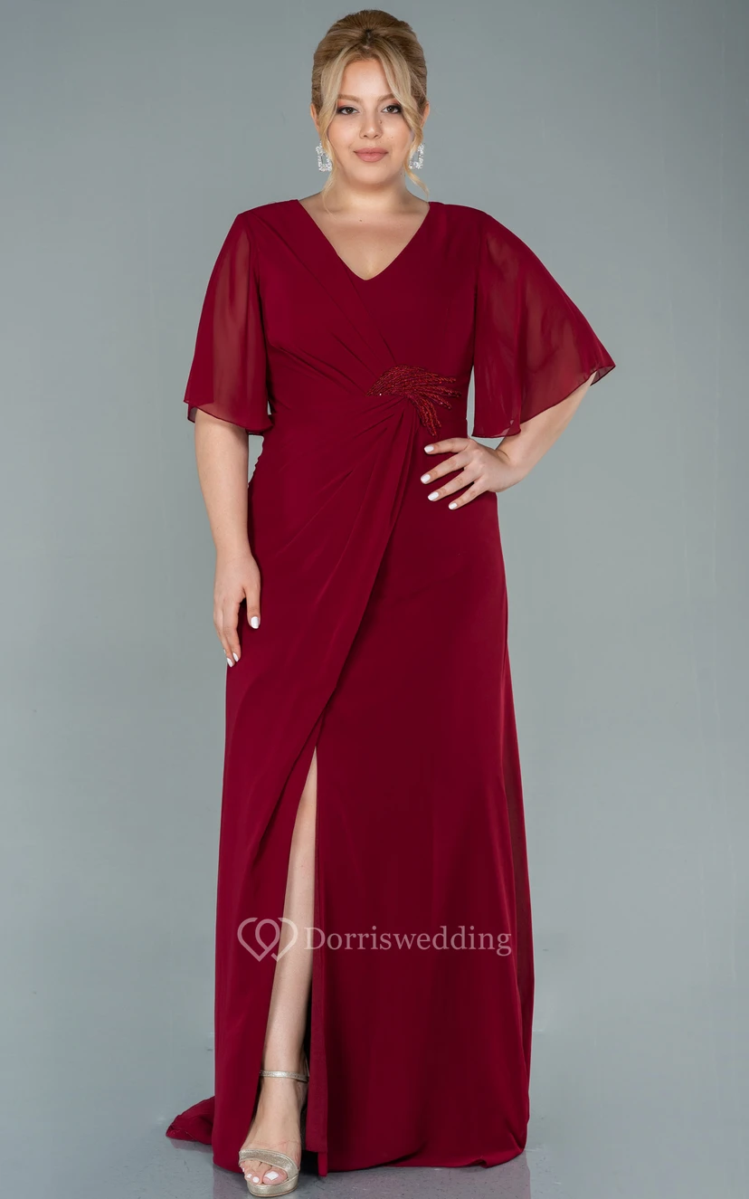 Elegant Half-sleeve V-neck Empire Chiffon Slit Front Draped Plus Size Mother of Bride Dress view 3