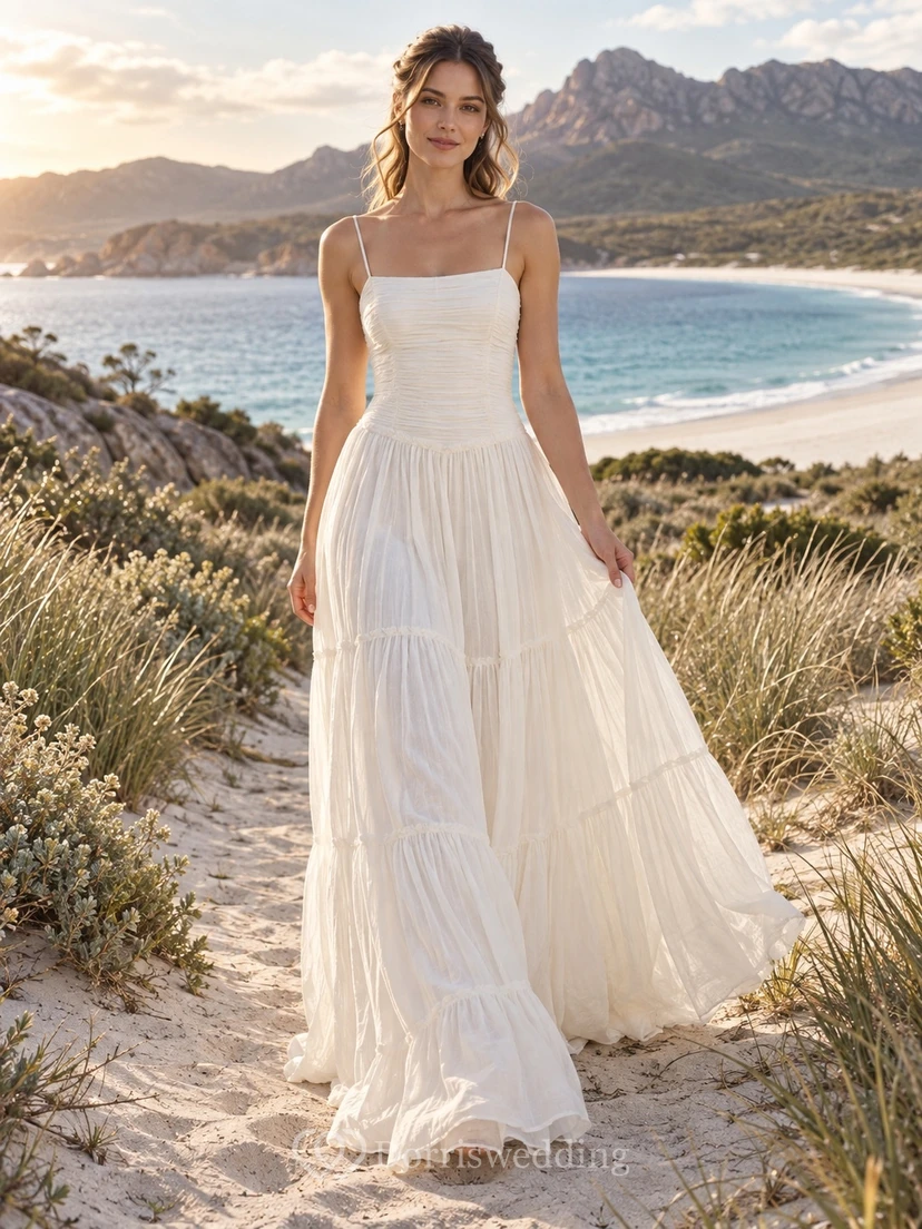Simple Square Spaghetti Tiered A-Line Ankle-Length Beach Wedding Dress