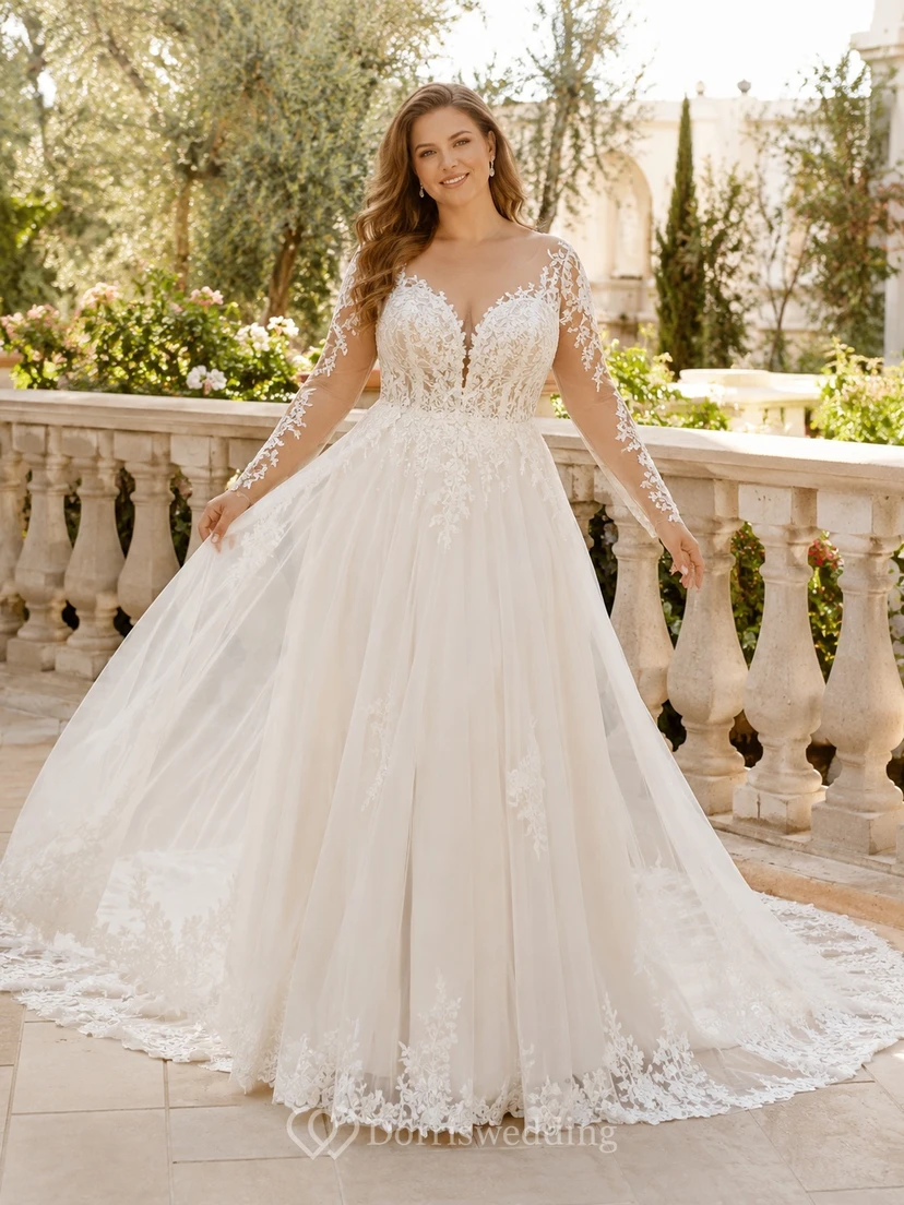 Romantisches Brautkleid in Übergröße mit langen Illusionsärmeln, V-Ausschnitt, Tüll und A-Linien-Schnitt