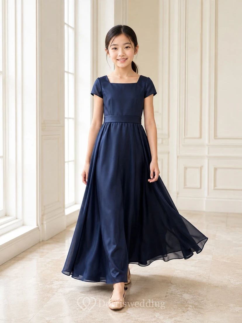 Dunkelblaues Brautjungfernkleid für junge Damen, A-Linie, eckiger Ausschnitt, kurze Flügelärmel, Satin, schlicht und elegant