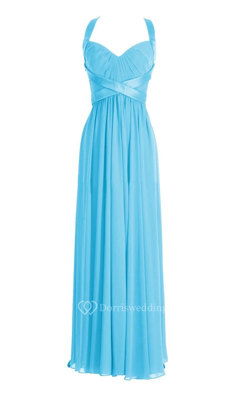 Halter Pleated Chiffon A-line Gown With Deep-v Back view 19