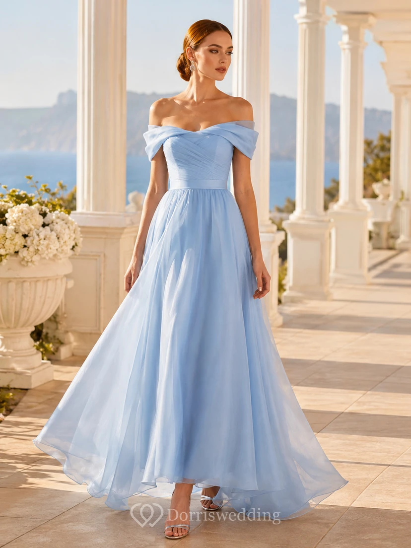 Sky Blue Off Shoulder Draped Chiffon Ankle Guest Dress