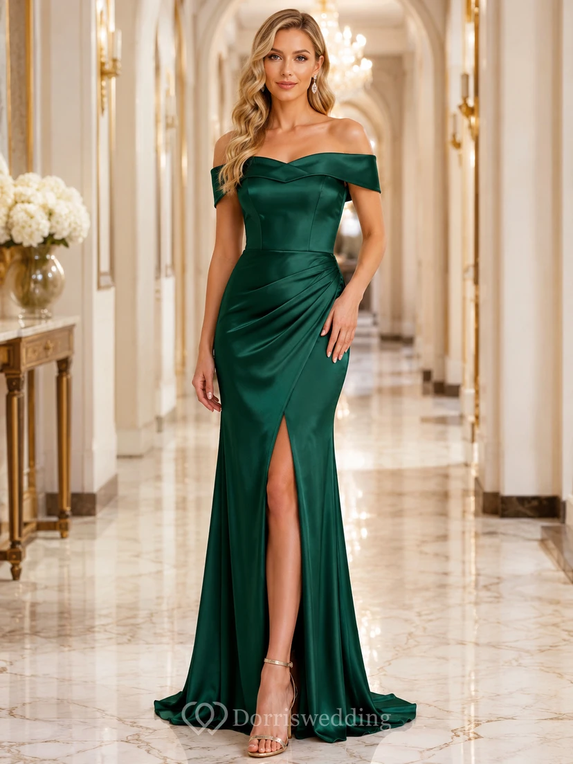 Dark Green Off Shoulder Satin Slit Formal Dress