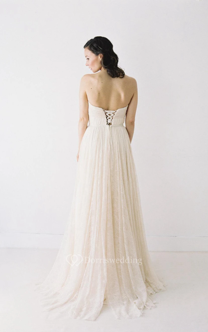 Pleated Lace Sweetheart A-Line Gown With Lace-Up Back view 3